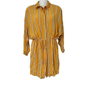 Topshop Mustard Yellow Striped drawstring Button-Up Dress Women’s Size 4